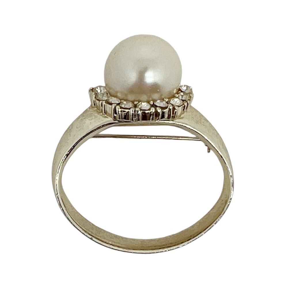Vintage Large Faux Pearl and Rhinestone Ring Brooch Pin Gold Tone